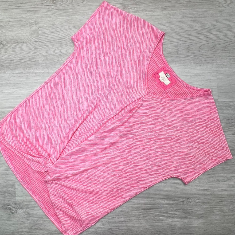 Cupio Womens Twist Front Top Size Medium Pink Striped Short Sleeve Casual Blouse